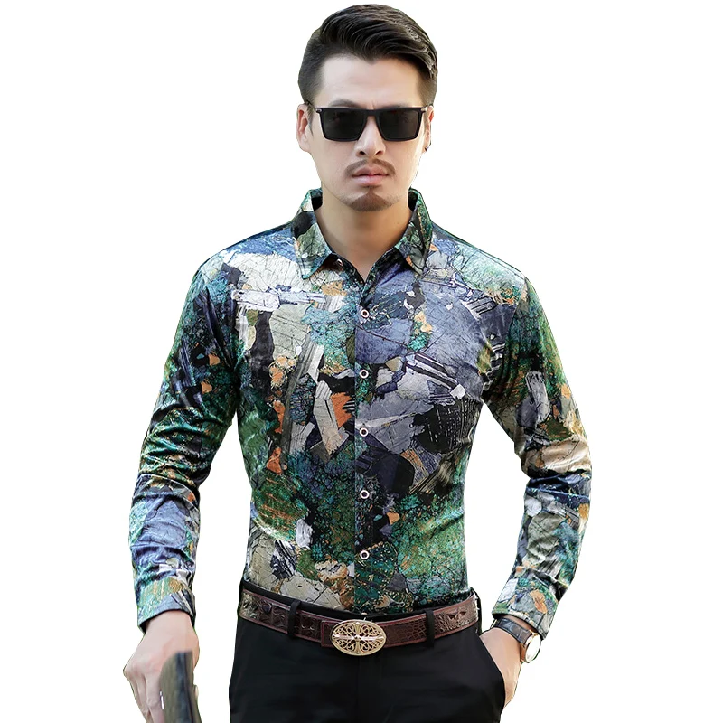 

Nice Pop Men Shirt Men Pop Fashion Velvet Slim Fit Shirt long-sleeved Men Shirt VogueMen Flowers Shirt Size M-2XL