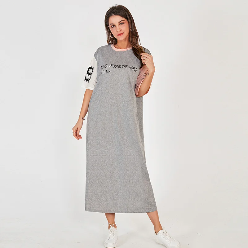 

Women T Shirt Dress Colorblock Sleeve Varsity Print Tee Dress Long T Shirt Dress O Neck Half Sleeve Casual Dresses Women Summer