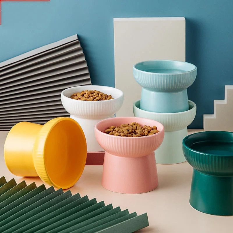 

High Foot Cat Bowl Cat Food Bowl Cat Bowl Stripe Ceramic Cat Water Bowl Cat Food Bowl Neck Protection Cat Bowl Cat Supplies