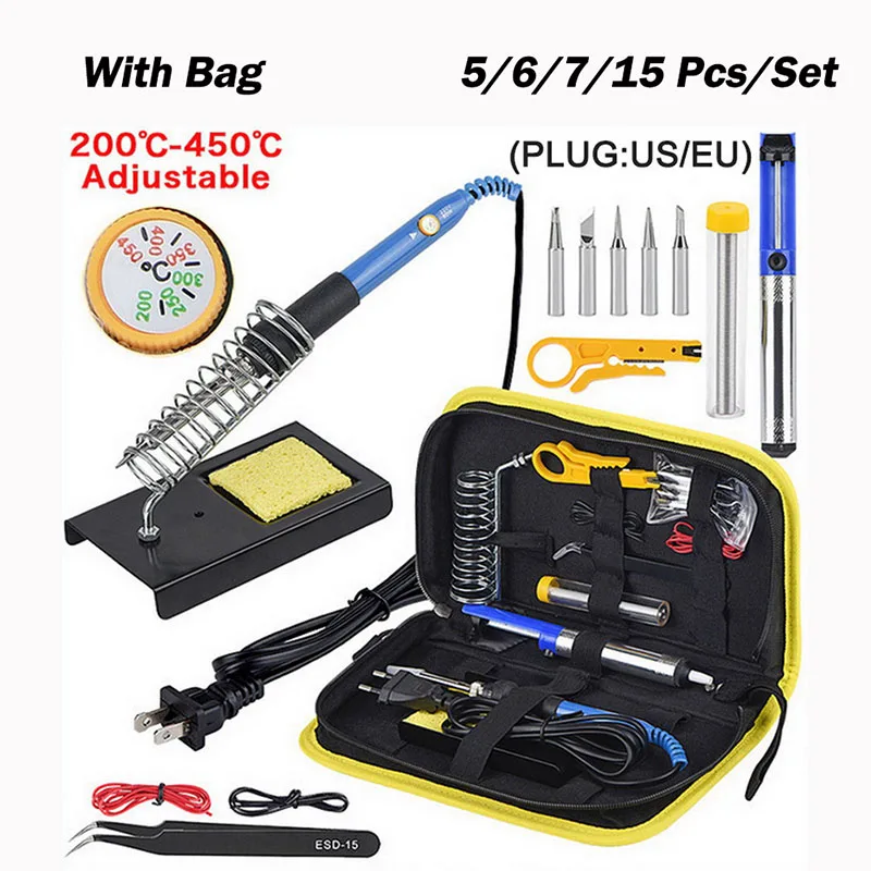 

5/6/7/15pcs Soldering Iron Kit Adjustable Temperature 110-240V 60W LCD Solder Welding Machine Ceramic Heater Desoldering Tips