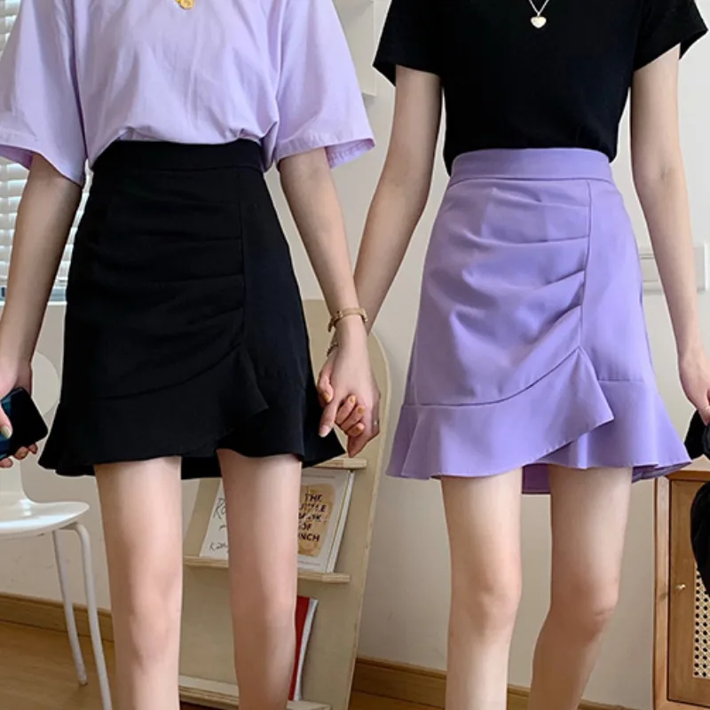 

2021 spring and summer new women's irregular fishtail skirt high waist thin A-line skirt black short skirt