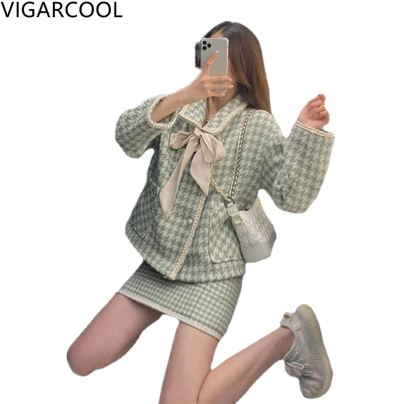 

New Simple casual retro houndstooth Skirt Suit New plaid Polo tie tie Top + slim Skirt fashion two-piece Suit Korean Suit Female
