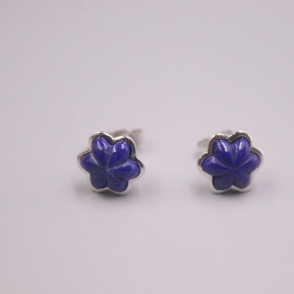 Genuine Real 925 Sterling Silver with Natural Lapis Lazuli Flower Stud Earrings 0.40inch Width