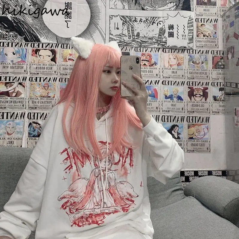 

Hikigawa Fall Clothies Women Thicked Cartoon Print Hoodies Japanese Harajuku Oversized Outwear Tops Mujer Casual Chic Sweatshirt