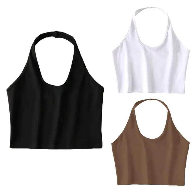 

Women Halter Neck Sleeveless Crop Top Sexy Low Cut O Neck Solid Color Cami Tank Vest Backless Bodycon Basic Bralette