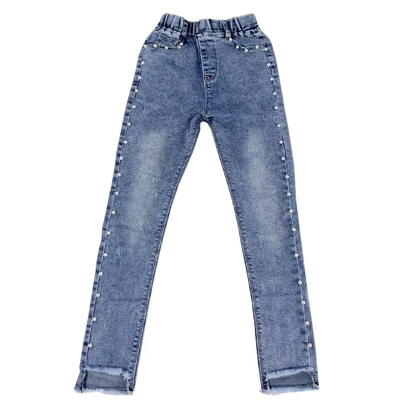 Джинсы 7/8 новая одежда для маленьких девочек с жемчугом и джинсовые брюки 2021