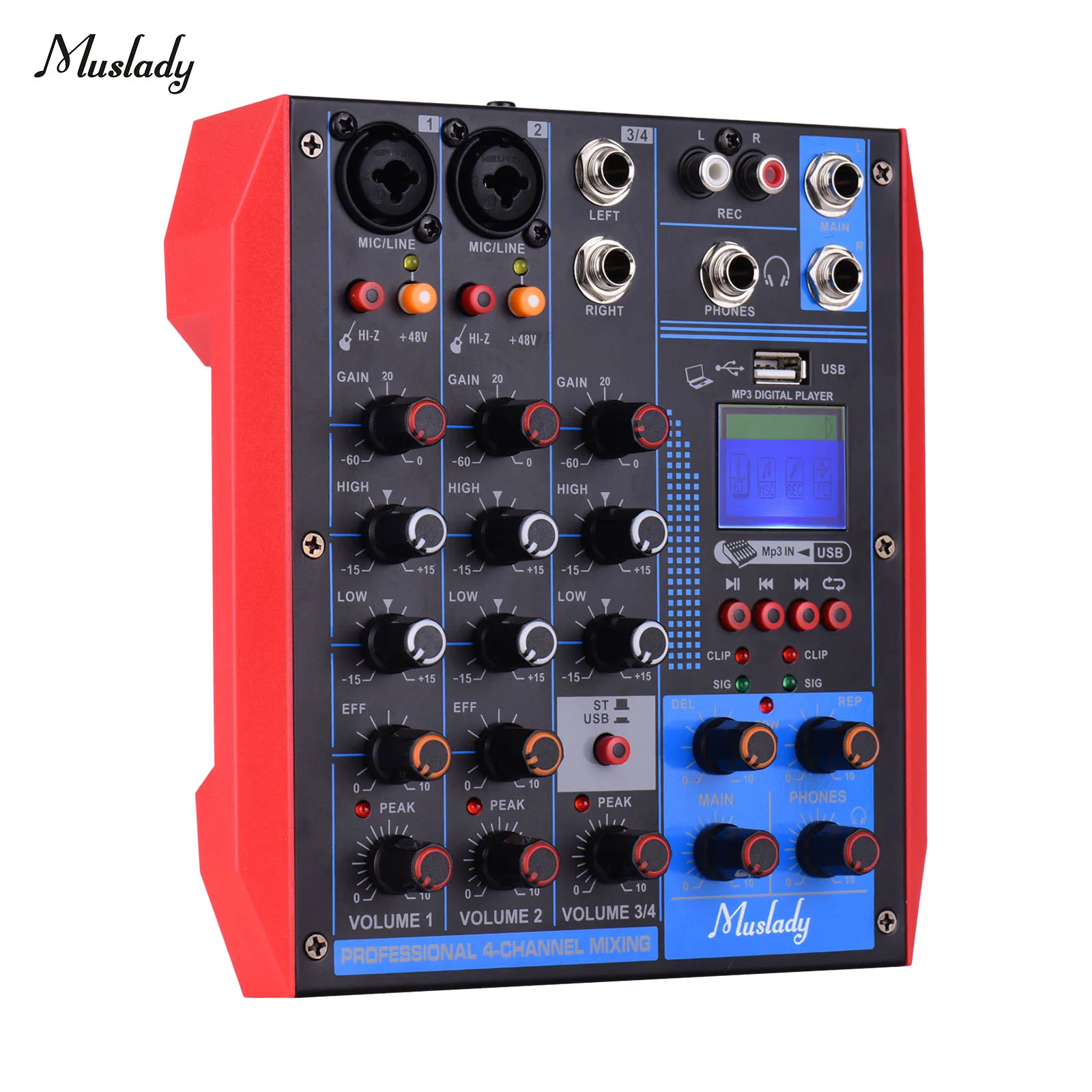 

Muslady 4-канальный микшерный пульт Цифровой аудио смеситель + 48V Phantom Мощность поддерживает BT/USB/MP3 соединение для музыки Запись DJ