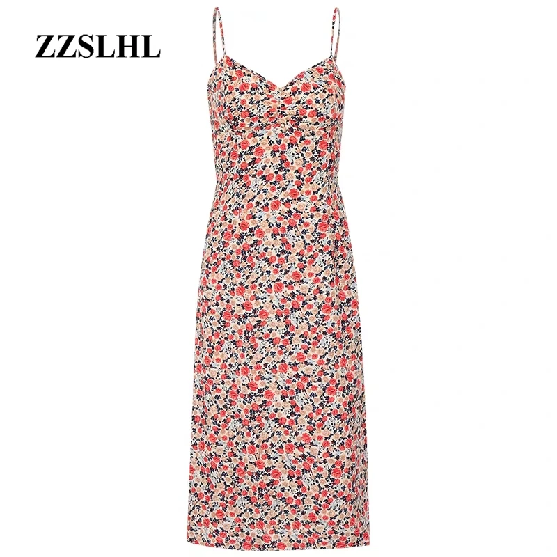 

Retro Floral print V-neck women suspender dress holiday style sexy backless lady midi dress 2020 summer new