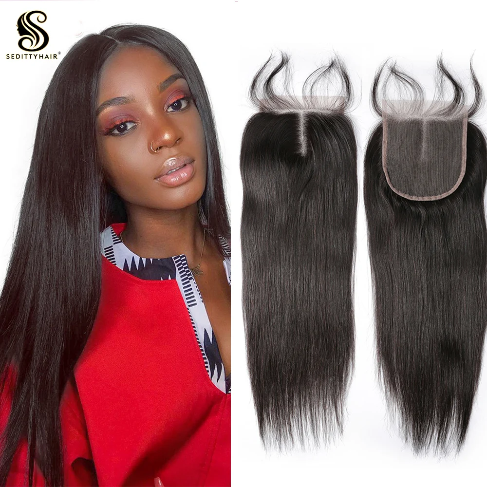 Sedittyhair Straight 4X4 Lace Closure Brazilian 100% Human hair Middle Part Weaves Free Part 8-20 inch Remy Hair Fast Shipping