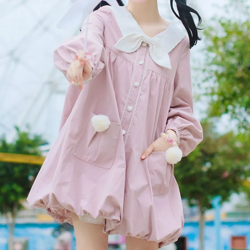 

Autumn/winter Japanese Sweet Girl Kawai Lolita Coat Sailor Collar Gentle Girl Soft Sister Cute Puff Sleeve Preppy Women Jacket