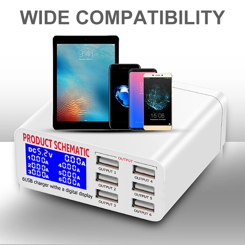 Интеллигентая(ый) 6 USB Порты и разъёмы Зарядное устройство паяльная станция 60W 8A ЖК-дисплей Дисплей быстрой зарядки для мобильного телефона зарядное устройство USB для планшета для iPhone samsung адаптер