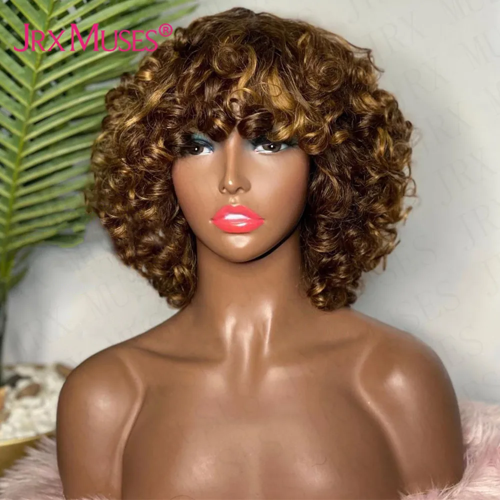 Highlight Blonde Funmi Curly Short Human Hair Wig for Women Peruvian Curly Bob Burgundy Colored Full Machine Made Fringe Wig enlarge