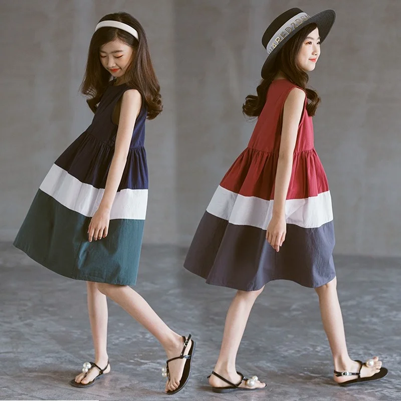 

6 To 16 Years, 2021 New Kids Cotton Dress Girls Dress Summer Children Clothes Baby Toddler Sundress Three Colors Patchwork,#6185