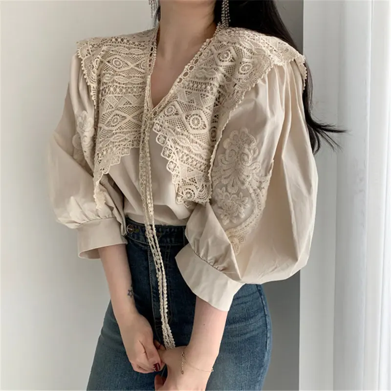 

Simple Fresh High Waist Korea All Match Chic Sweet Loose Shirts Office Lady Embroidery Lace-Up Puff-Sleeved