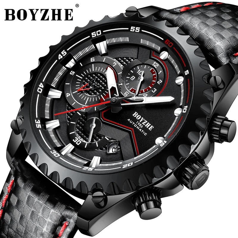 Relógio de Couro Semana à Prova Boyzhe Clássico Preto Relógios Mecânicos Automático Tourbillon Masculino Calendário Dwaterproof Água Relógio