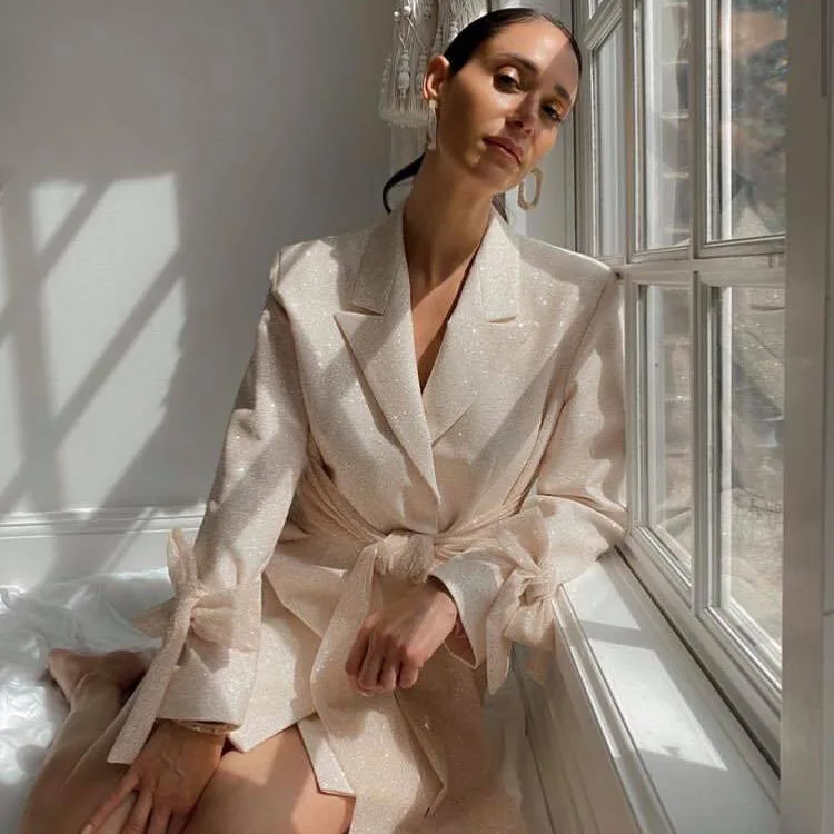 

2020 New Chic Sparkle Blazer Dress Bow Long Sleeves Turn-down Collar Celebrity Party Club Vestidos