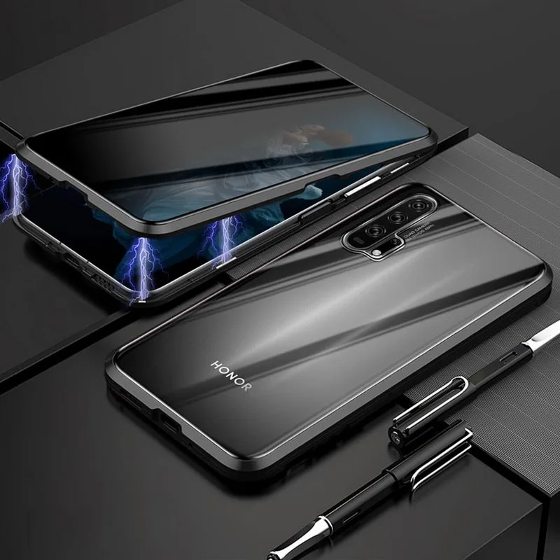 360 ° анти-ползучий магнитный металлический чехол для huawei Honor 20 20Pro закаленное стекло чехол Чехол Coque