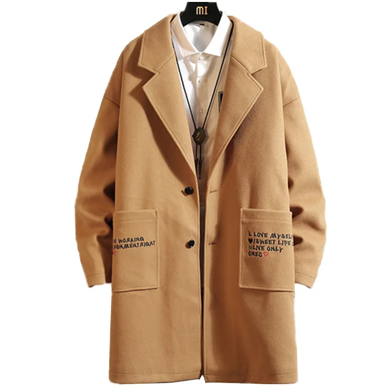 

Woolen Jacket Winter Men's Wool Thicken Warm Lapel Medium Long Slim Blends Coat Male Trench Windbreaker Large Size M-5XL