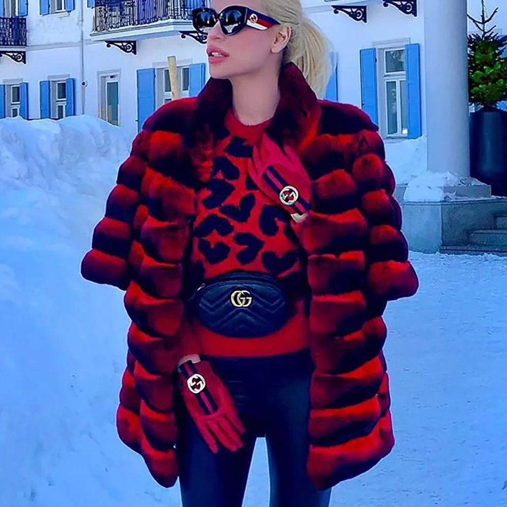 Fashion Red Real Rex Rabbit Fur Coat Medium Length Stand Collar Natural Women Genuine Rex Rabbit Fur Coats Outwear Luxury Woman