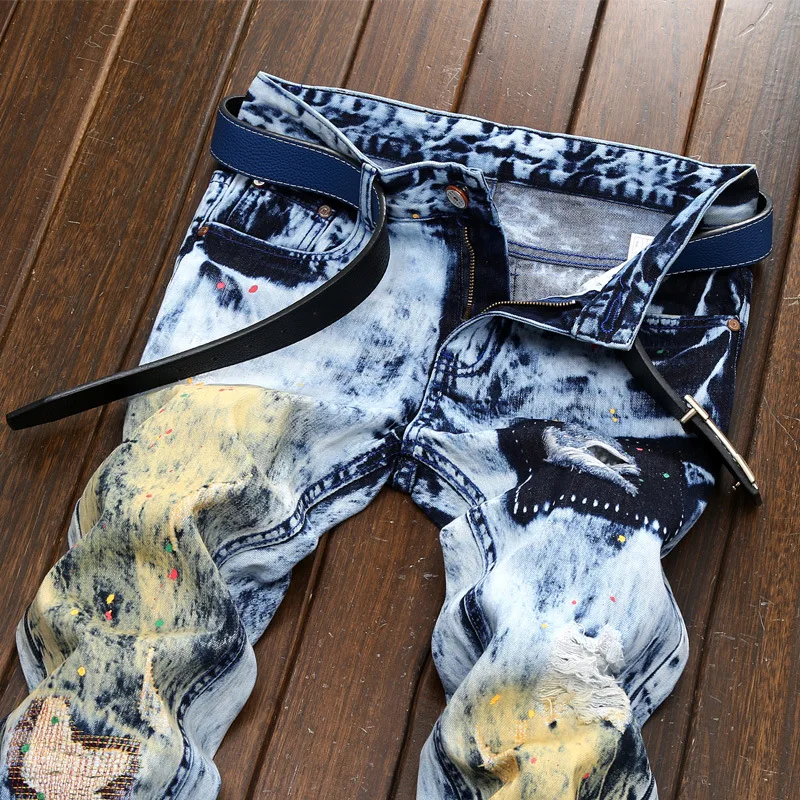 

straight tube slim personality old Men's jeans ink hole color matching patch men's pants