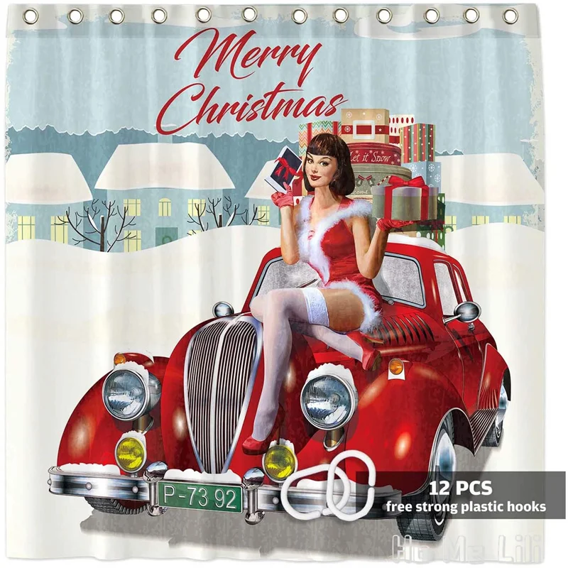 

Christmas Pin Up Girl By Ho Me Lili Shower Curtain Set Winter Merry Xmas Gifts Retro Truck Bathroom Bathtubs Decor With Hooks