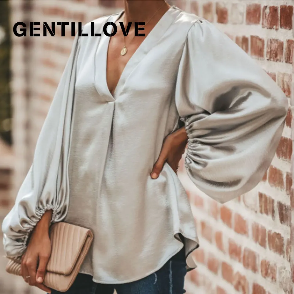 Элегантная Офисная Женская блузка Gentillove с V образным вырезом гладкая шелковая