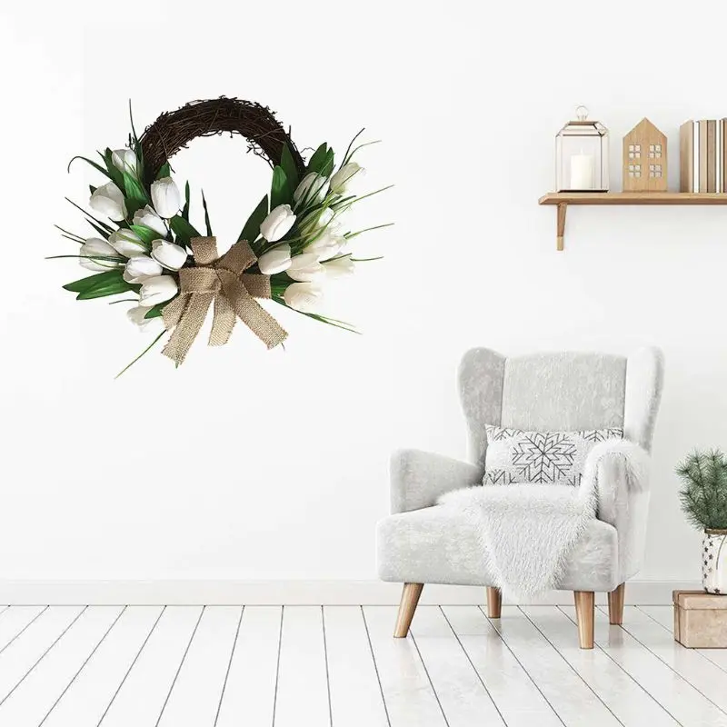 

Artificial Flowers White Tulip Wreath Spring Wreath Outdoor for Front Door Wall Window Party Wedding Dcor