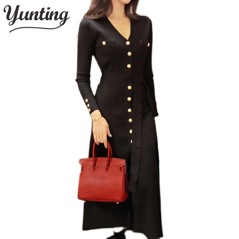 

Женское трикотажное платье-свитер на пуговицах, с V-образным вырезом