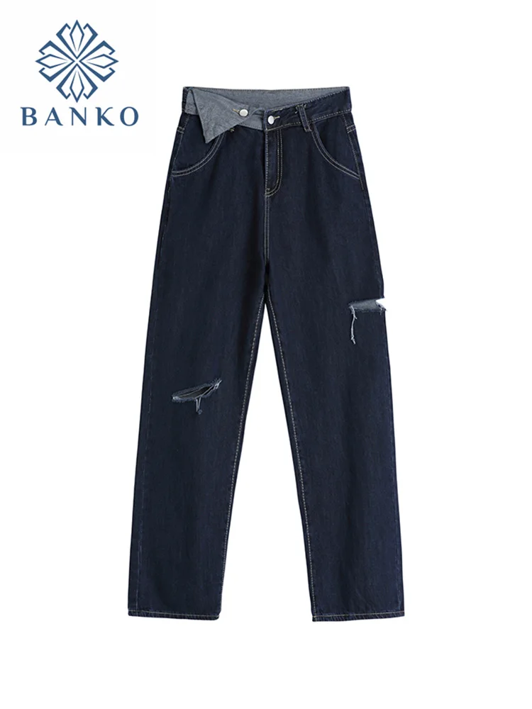 

Women Jeans Chic High Street Denim Trousers Ripped Hole High Waist Vintage Classic All-Match Straight Pants 2021 Autumn Clothes