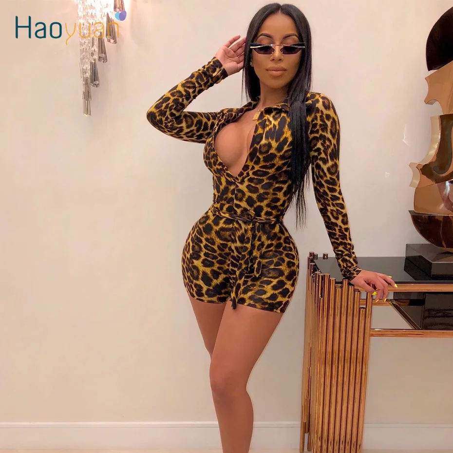 HAOYUAN сексуальные леопардовые Комбинезоны Женский комбинезон Shors модный осенний боди сплошной комбинезон наряды с длинным рукавом Облегающий комбинезон