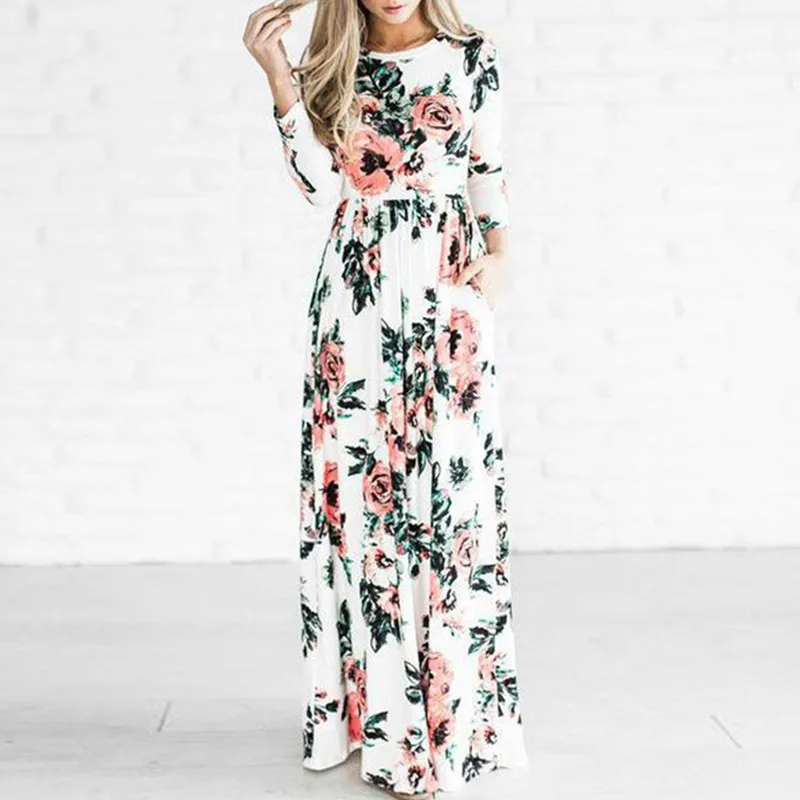 Женское платье макси с коротким рукавом белое Повседневное в пол цветочным