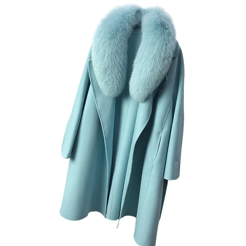 OFTBUY пальто с натуральным мехом, зимняя женская куртка, воротник из натурального Лисьего меха, кашемировая шерсть, Длинная Верхняя одежда с поясом, женская уличная одежда
