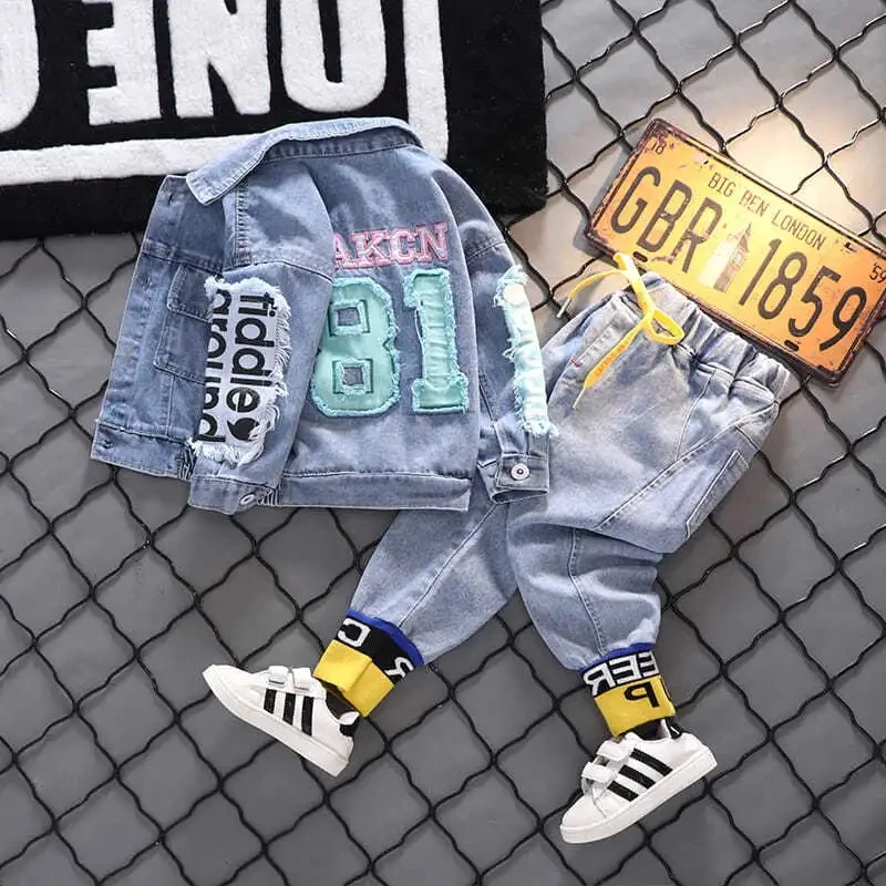 

Spring & Autumn Cowboy Boy Sets New 2021 Korean Version Fashion Denim Jacket Kid Jeans Two-Piece Handsome Children's Clothing