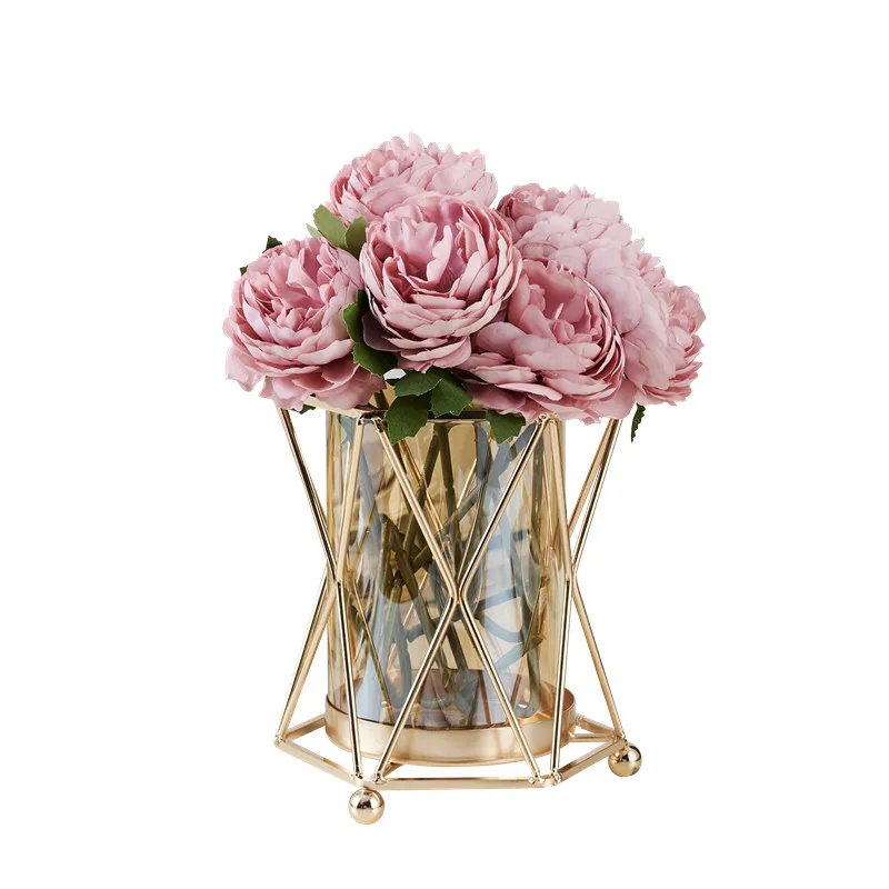 

Metal Nordic Vase Fashion Luxury Transparent Glass Ornaments Bedroom Flower Pot Hydroponics Adornos Salon Home Decor ED50HP