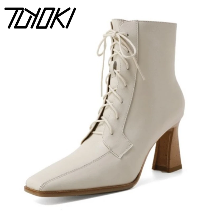 

Tuyoki Real Leather Women Ankle Boots High Heel Cross Strap Zipper Shoes Square Toe Winter Boots Fashion Footwear Size 33-40