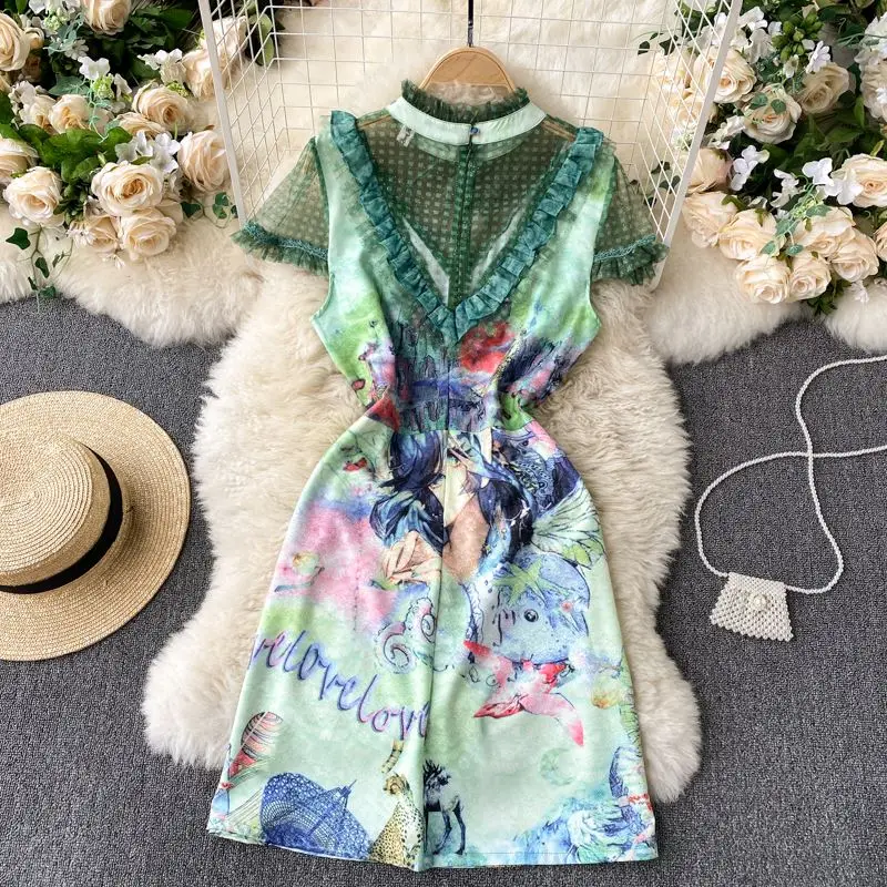 

Women's Elegant Short Sleeve Ruffled Collar Mesh Patchwork Cartoon Girl Pattern Print Dress for Summer Runway Sexy Party Vestido