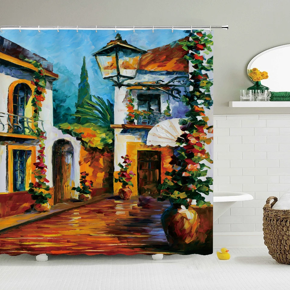 

Занавеска для душа с деревенским ландшафтом, 3d Водонепроницаемая Штора для ванны, из полиэстера, с рисунком маслом, для ванной комнаты