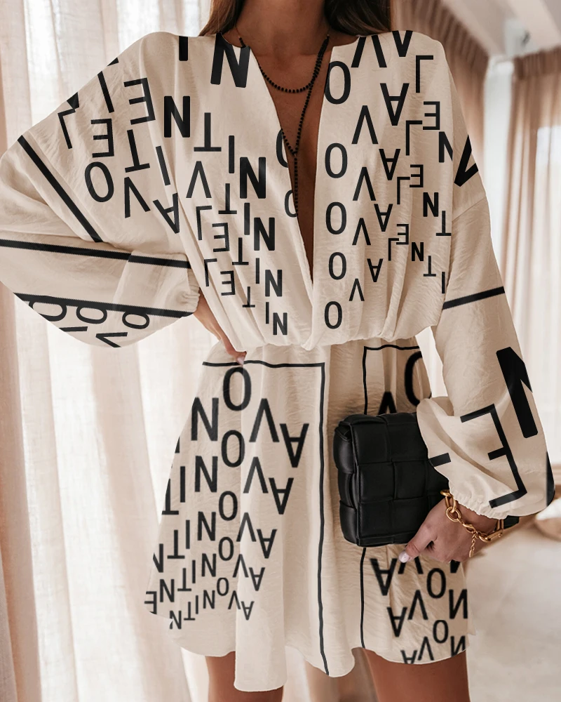 

Dresses for Women V-neck High Waist Letter Print Dress