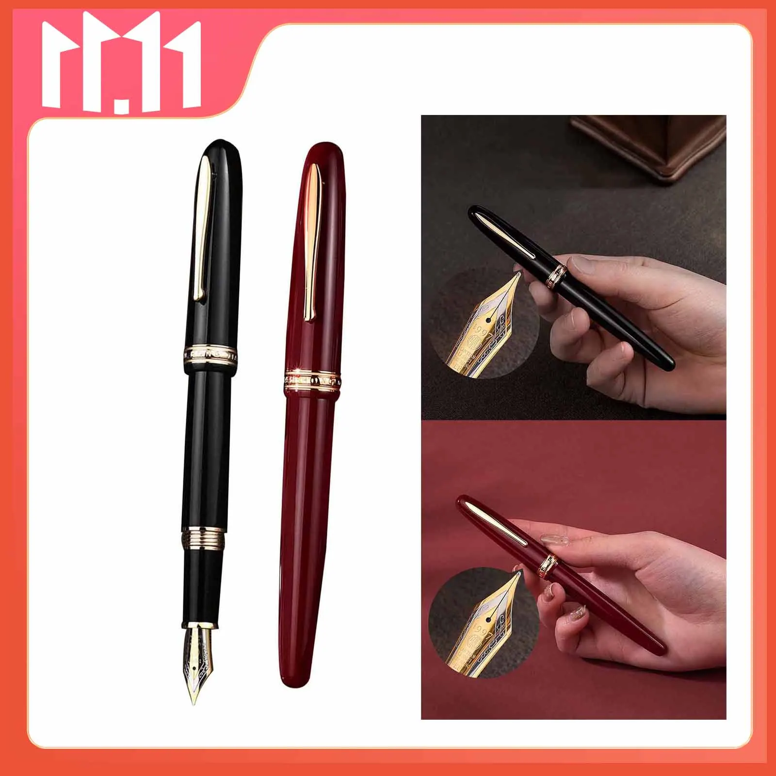 Hongdian-pluma estilogr&aacute;fica de resina 1841, iridio EF/F 14K oro EF/F rojo/Negro, pluma de regalo-0