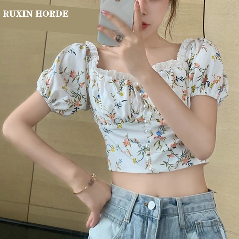 

Temperament Square Collar Multi-Button Commuter Retro Short-Sleeved Summer French New Style Ladies Fashion Floral Pattern Shirt