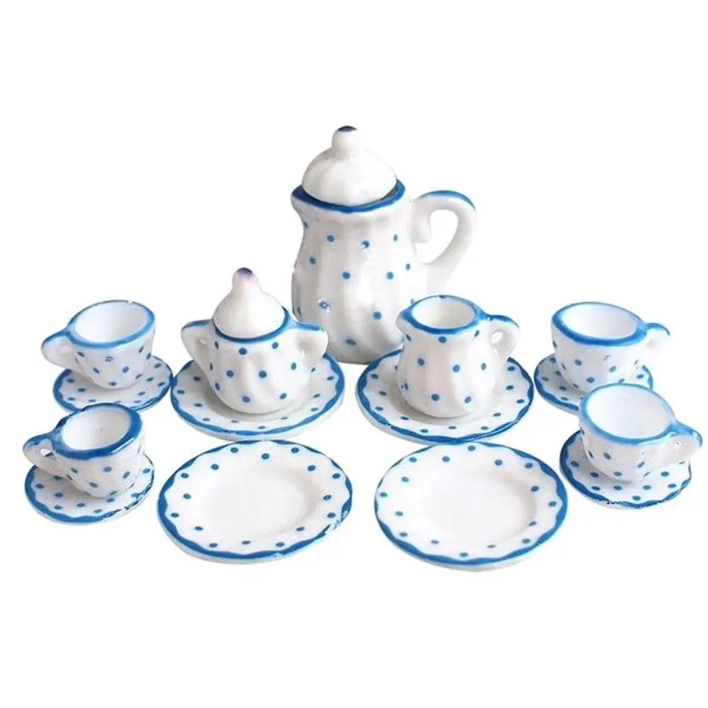 

Miniature 1: 12 Toy 15 Pcs Blue Flower Porcelain Tea Set Simulation Dollhouse Decorative Accessories