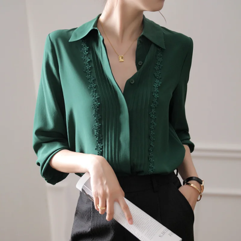 

Office Women Long-sleeve Shirt Fashion 2022 Autumn New Silk Blouse White Female Button Pleated Green Shirt Temperament 17607