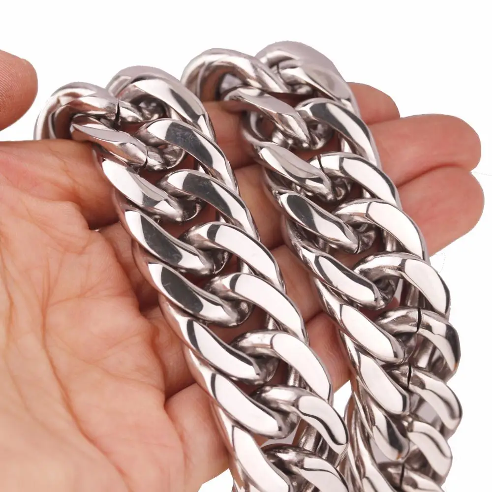 

High Polished Silver Color Stainless Steel Men's Chain Necklace Or Bracelet Heavy Huge Jewelry Curb Cuban Chain 7"-40" 18mm Gift