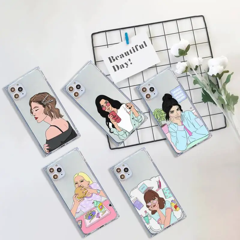 

ins cool girl Phone Case For iPhone 7 8 11 12 X XS XR MINI Pro Max Plus Clear Square Transparent