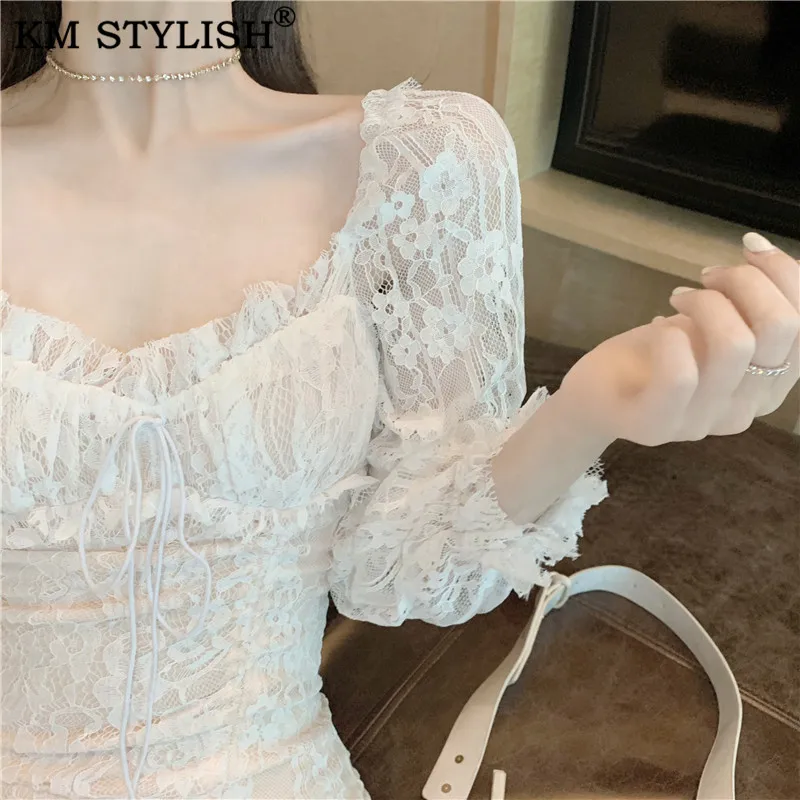 Женское кружевное платье в стиле ретро черно-белое цельное с длинными