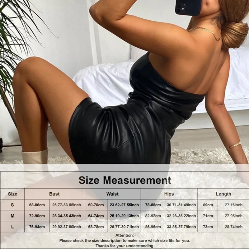 

Womens Sexy imitation leather Exotic Dresses Club Wear Party black Bodycon Mini Dress Tube top Strapless Hip Tight Siamese skirt