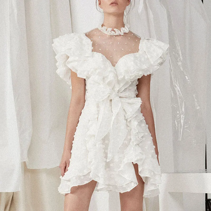 Женское Сетчатое мини платье с оборками милое белое поясом на талии 2019|Женские