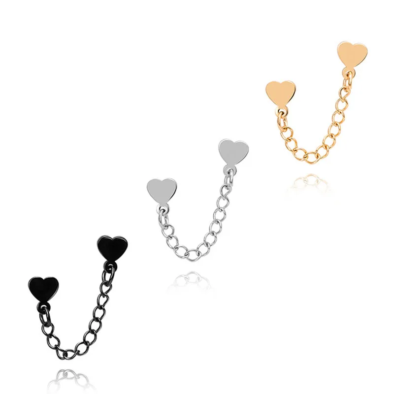 

1 PCS Stainless Steel Heart Ear Stud Simple Integrated Chain Double Ear Hole Earrings Fashion Women Body Piercing Jewelry
