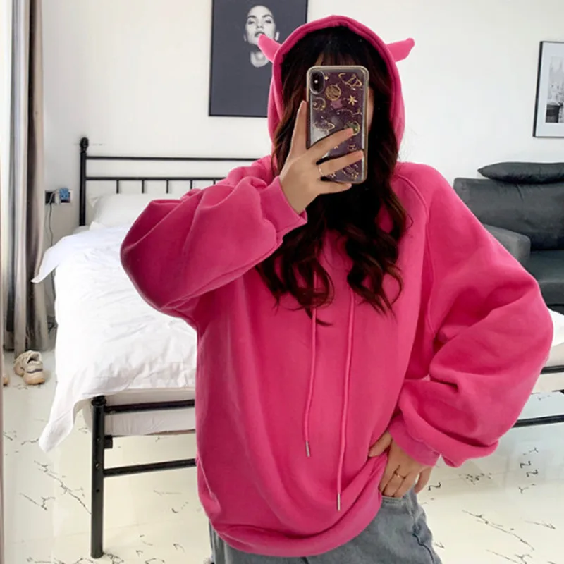 

Cartoon horn hoodie female autumn 2021 new loose Korean version of lazy BF wind INS tide multicolor cute fried street coat