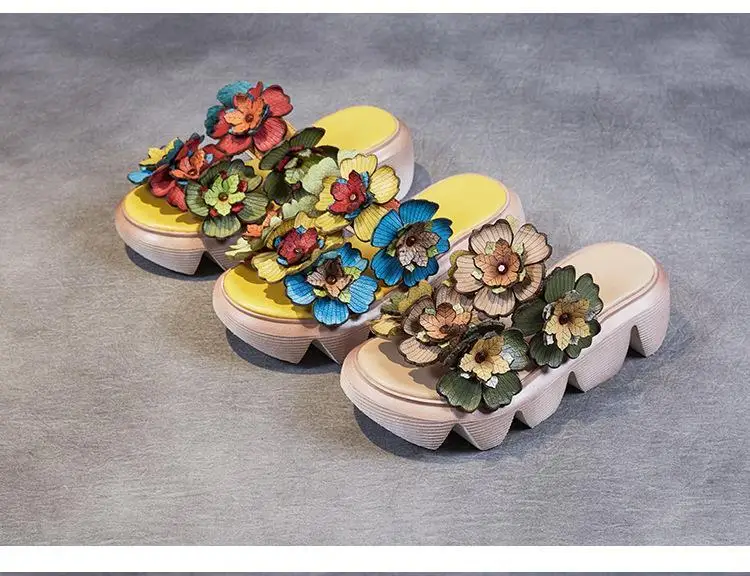 

2021 new summer national style hand made Retro High Heel thick bottom flower slipper slope heel anti slip muffin bottom Sandal